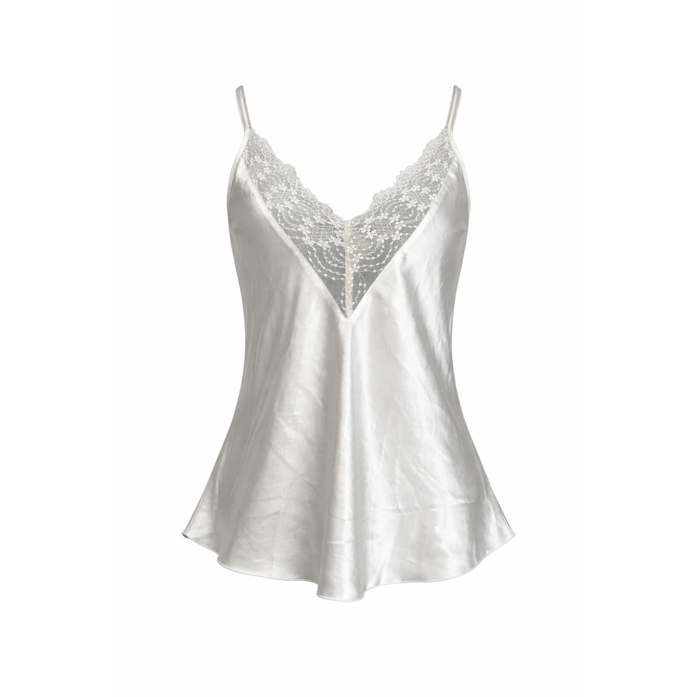 White Satin Lace Trimmed Cami Tank Deep V Size L Delicate Retro Feminine Angel
